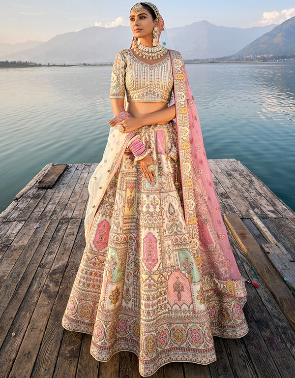 elegant cream artsilk trendy designer party wear choli lehenga with cream artsilk lilots-2335-130 Front View