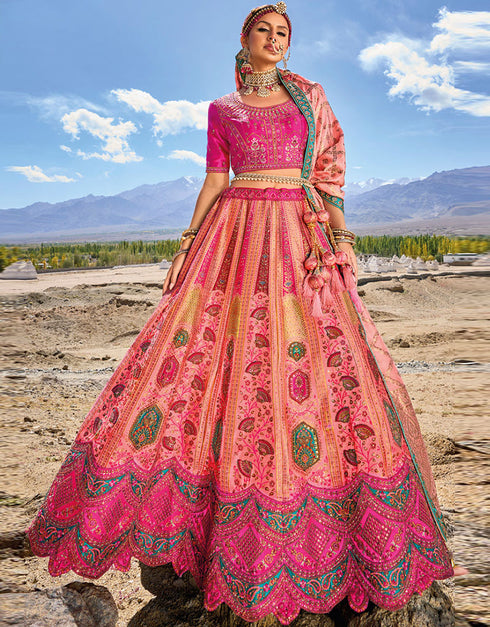 stylish ranipink pure gaji satin silk trendy designer party wear choli lehenga with peach banarasi jacquard silk lilots-2336-7201 Front View