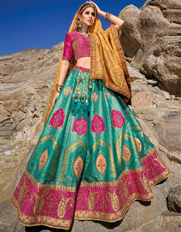 chic ranipink pure gaji satin silk trendy designer party wear choli lehenga with mint banarasi jacquard silk lilots-2336-7202 Front View