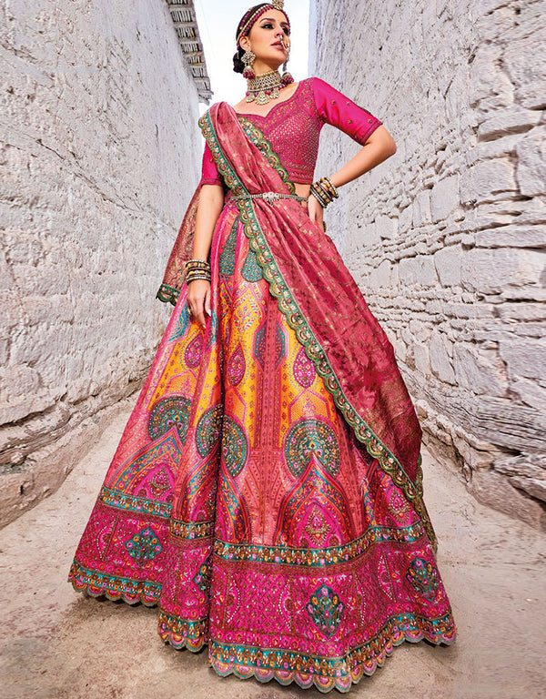trendy ranipink pure gaji satin silk trendy designer party wear choli lehenga with ranipink banarasi jacquard silk lilots-2336-7203 Front View