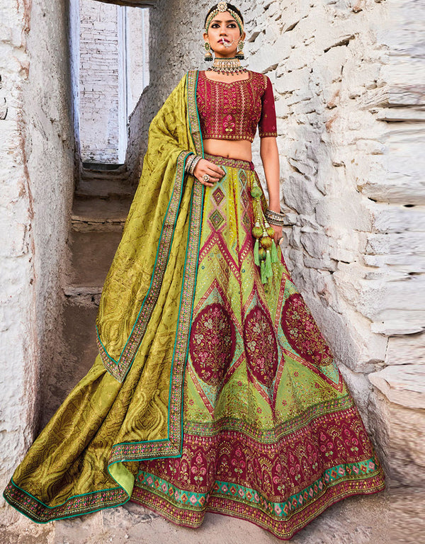 elegant maroon pure gaji satin silk trendy designer party wear choli lehenga with parrotgreen banarasi jacquard silk lilots-2336-7204 Front View