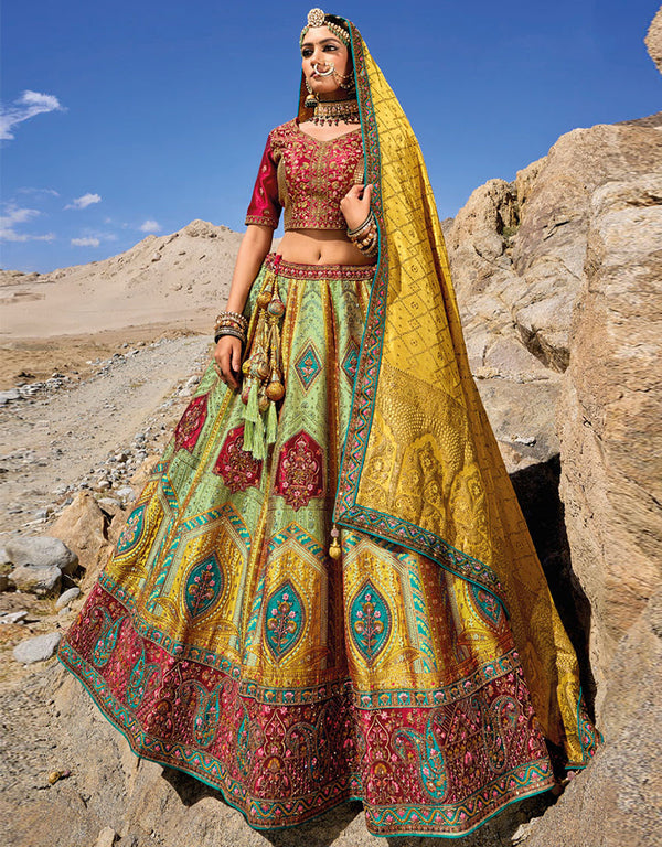 fashionable magenta pure gaji satin silk trendy designer party wear choli lehenga with lightgreen banarasi jacquard silk lilots-2336-7205 Front View