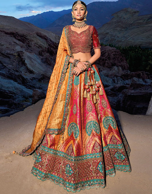 modern maroon pure gaji satin silk trendy designer party wear choli lehenga with multicolor banarasi jacquard silk lilots-2336-7207 Front View