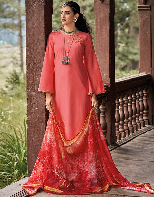 Dusty Pink Palazzo style Suit Pure Bamberg Silk Salwar Kameez in Digital Print, Embroidery & Lace Work