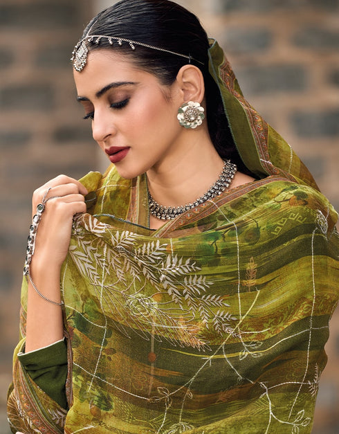 Green Palazzo style Suit Pure Bamberg Silk Salwar Kameez in Digital Print, Embroidery & Lace Work Closure View Embroidery