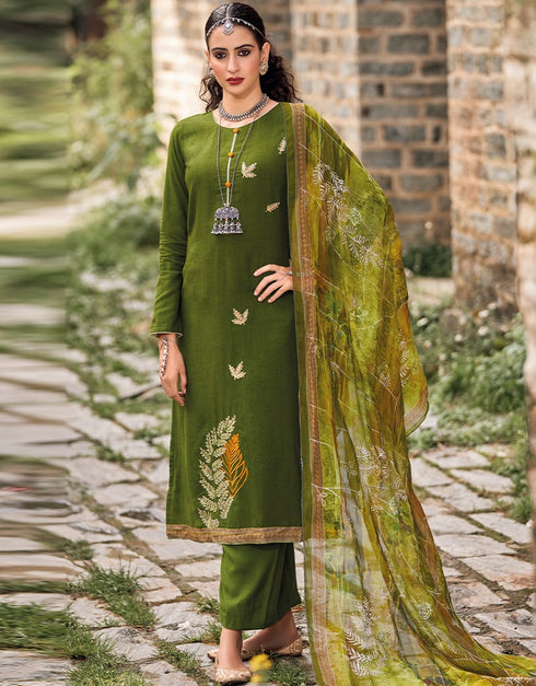 Green Palazzo style Suit Pure Bamberg Silk Salwar Kameez in Digital Print, Embroidery & Lace Work