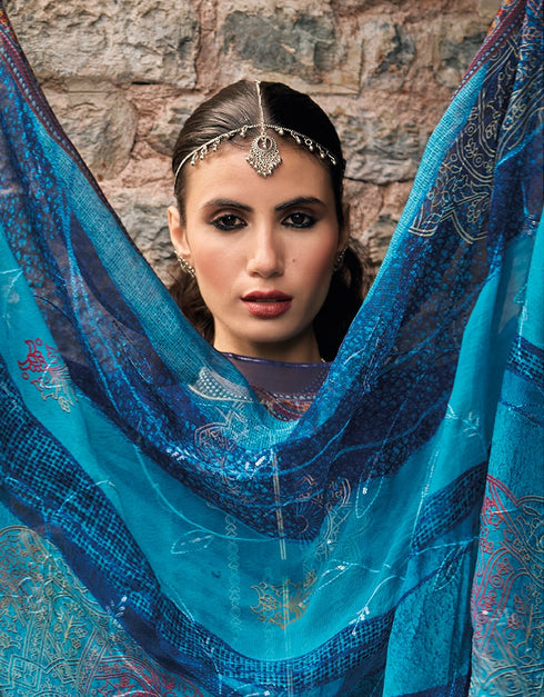 Blue Palazzo style Suit Pure Bamberg Silk Salwar Kameez in Digital Print, Embroidery & Lace Work Closure View Embroidery Back side View