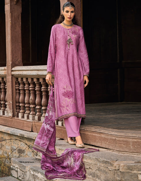 Light Purple Palazzo style Suit Pure Bamberg Silk Salwar Kameez in Digital Print, Embroidery & Lace Work
