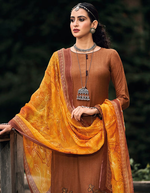 Brown Palazzo style Suit Pure Bamberg Silk Salwar Kameez in Digital Print, Embroidery & Lace Work Closure View Embroidery