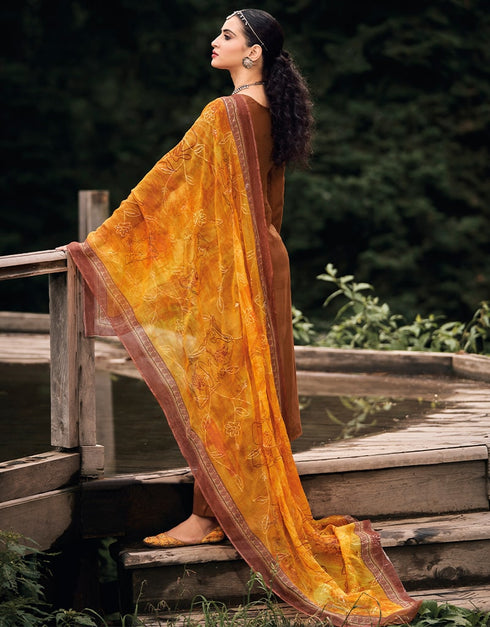 Brown Palazzo style Suit Pure Bamberg Silk Salwar Kameez in Digital Print, Embroidery & Lace Work Closure View