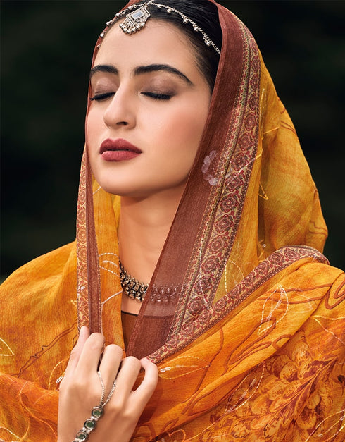 Brown Palazzo style Suit Pure Bamberg Silk Salwar Kameez in Digital Print, Embroidery & Lace Work Closure View Embroidery Back side View