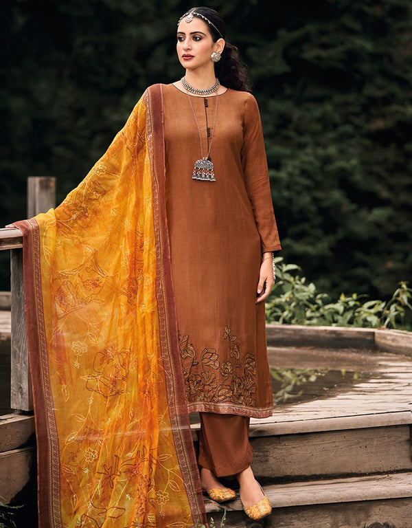 Brown Palazzo style Suit Pure Bamberg Silk Salwar Kameez in Digital Print, Embroidery & Lace Work