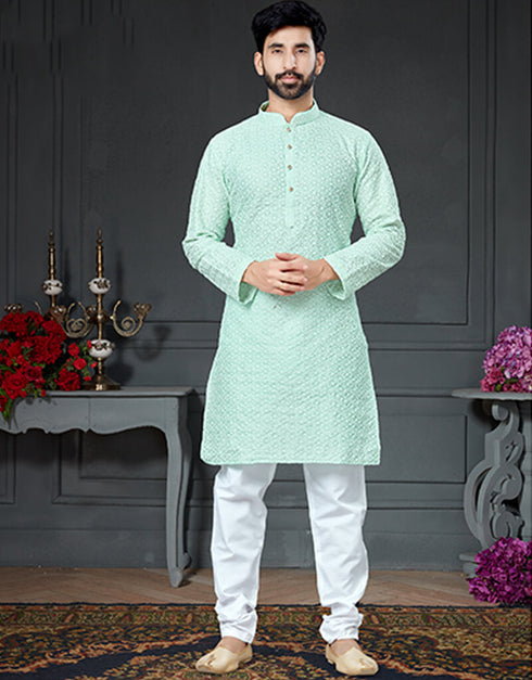 Sky Pista Kurta Cotton Art Silk With Embroidery Chudidar