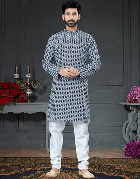 Navy Blue Kurta Cotton Art Silk With Embroidery Chudidar