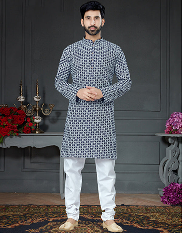 Navy Blue Kurta Cotton Art Silk With Embroidery Chudidar