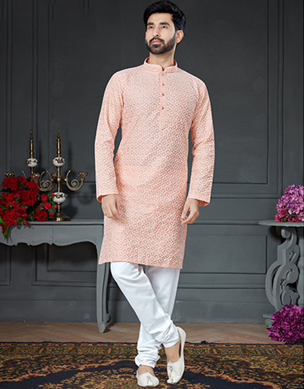 Peach Kurta Cotton Art Silk With Embroidery Chudidar