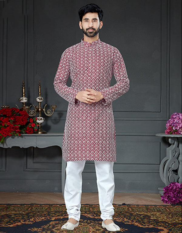 Maroon Kurta Cotton Art Silk With Embroidery Chudidar