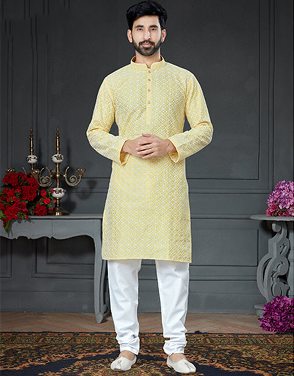 Yellow Kurta Cotton Art Silk With Embroidery Chudidar