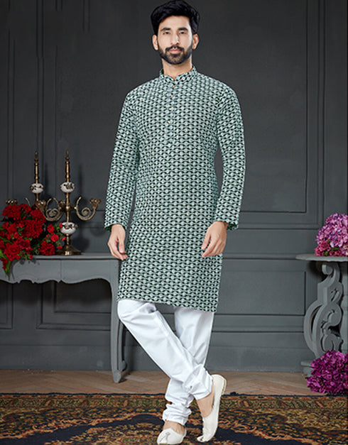 Bottle Green Kurta Cotton Art Silk With Embroidery Chudidar