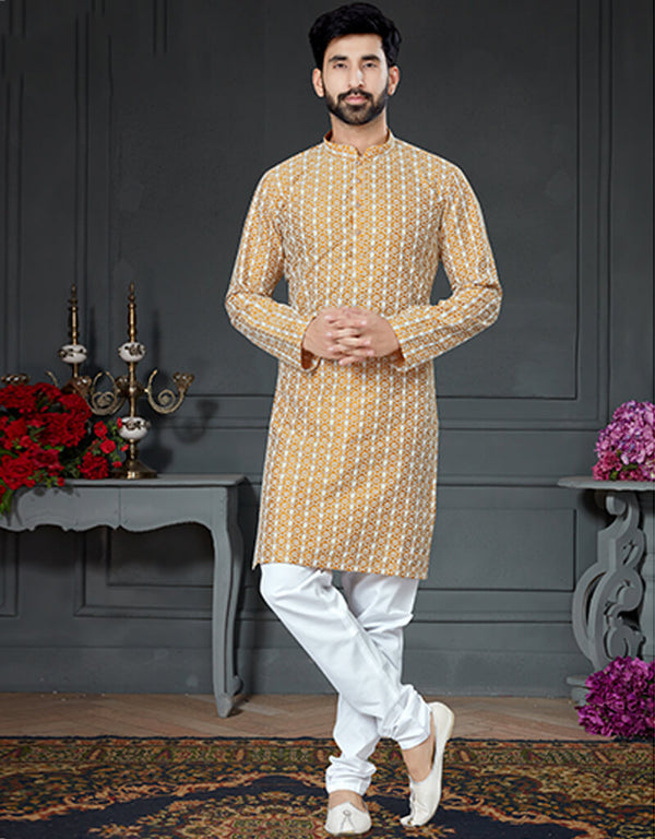 Rust Yelow Kurta Cotton Art Silk With Embroidery Chudidar