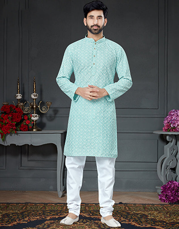 Sky Blue Kurta Cotton Art Silk With Embroidery Chudidar