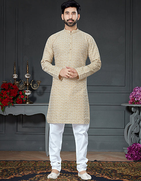 Golden Color Kurta Cotton Art Silk With Embroidery Chudidar