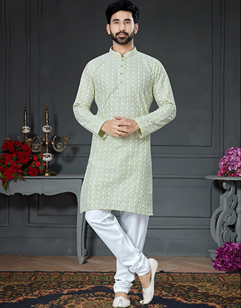 Light Pista Kurta Cotton Art Silk With Embroidery Chudidar