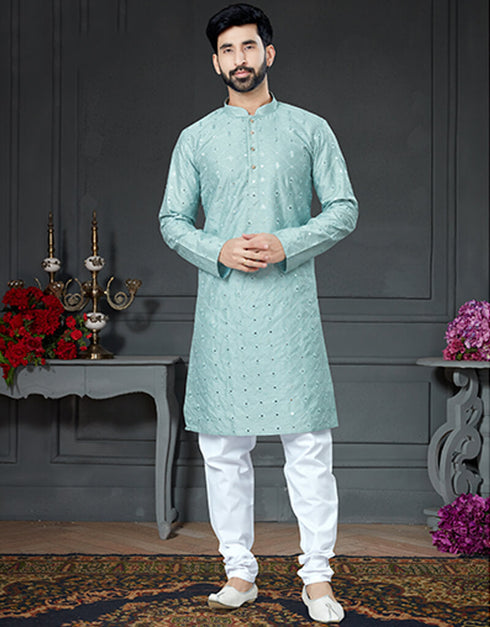 Sky Blue Kurta Cotton Art Silk With Mirror Chudidar