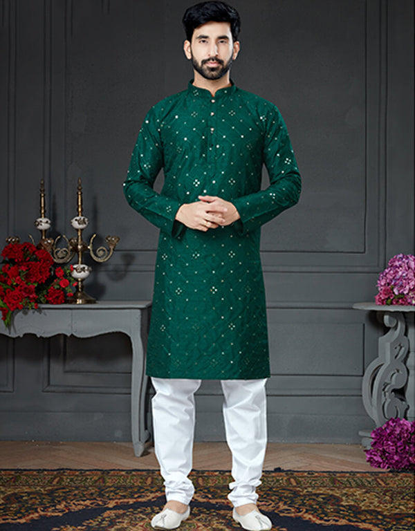 Bottle Green Kurta Cotton Art Silk With Mirror Chudidar