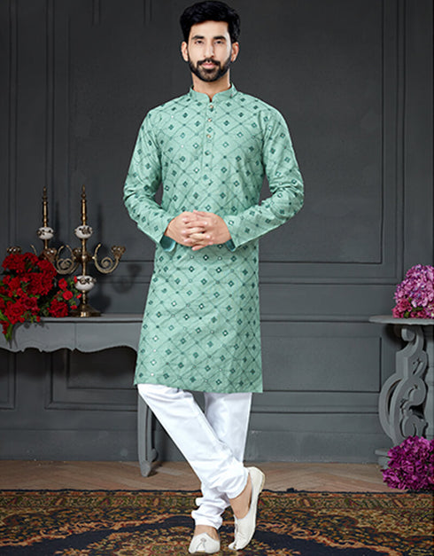 Pista Green Kurta Cotton Art Silk With Mirror Chudidar