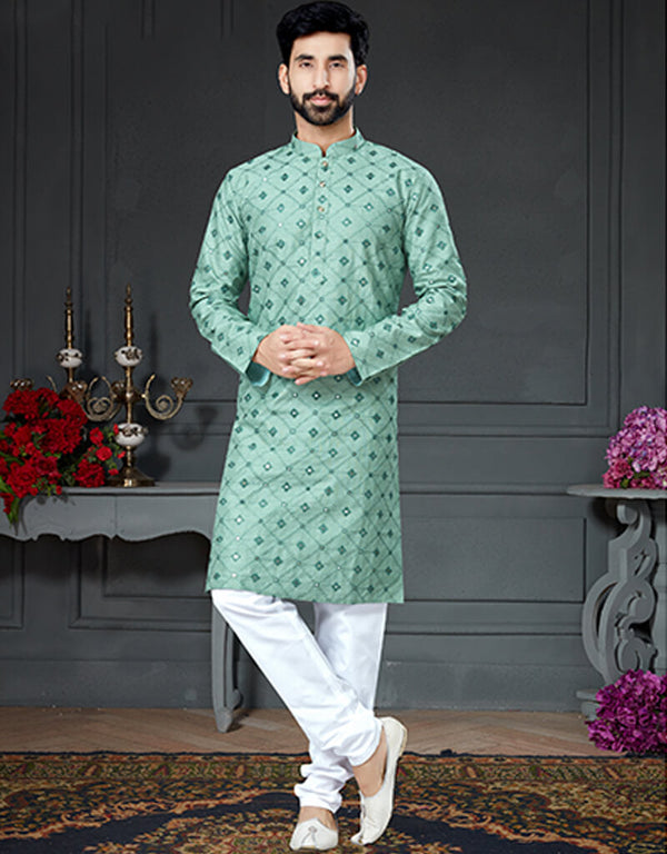 Pista Green Kurta Cotton Art Silk With Mirror Chudidar