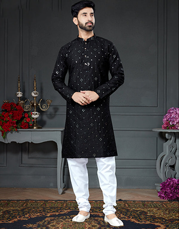 Black Kurta Cotton Art Silk With Mirror Chudidar