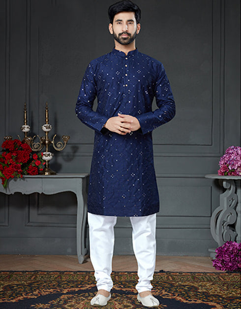 Blue Kurta Cotton Art Silk With Mirror Chudidar
