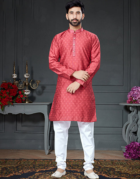 Dark Pink Kurta Silk With Woven Chudidar