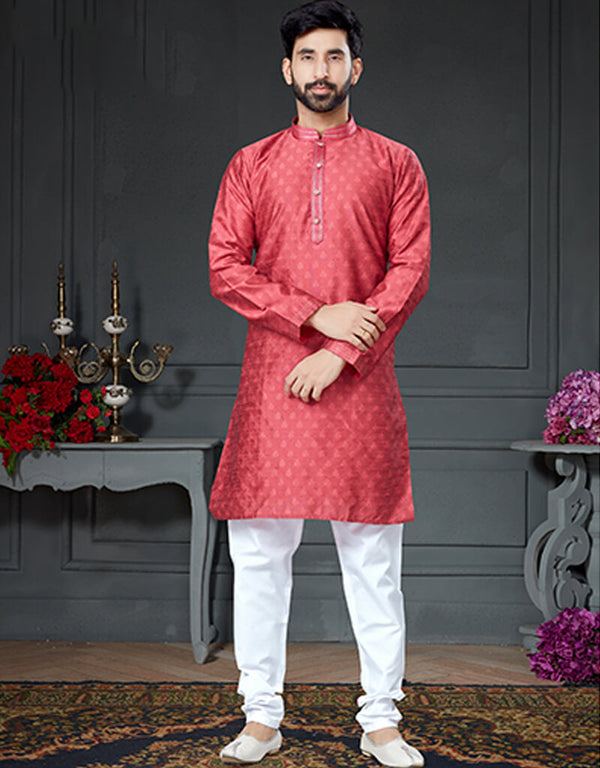 Dark Pink Kurta Silk With Woven Chudidar