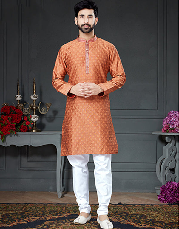Rust Orange Kurta Silk With Woven Chudidar
