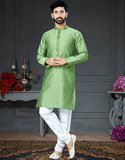 Light Pista Kurta Silk With Woven Chudidar