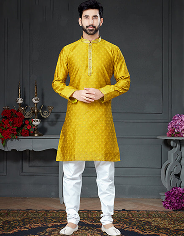 Bright Yellow Kurta Silk With Woven Chudidar