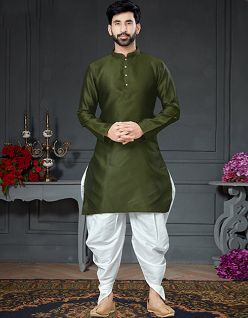 Mahendi Green Kurta Silk With Woven Dhoti