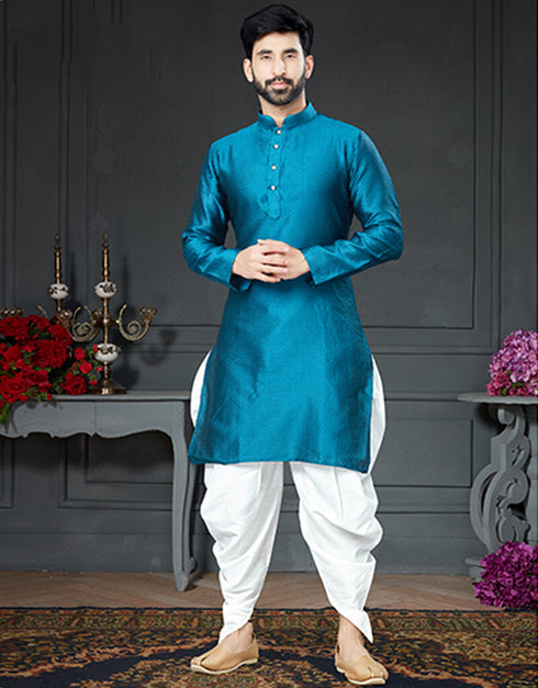 Rama Blue Kurta Silk With Woven Dhoti