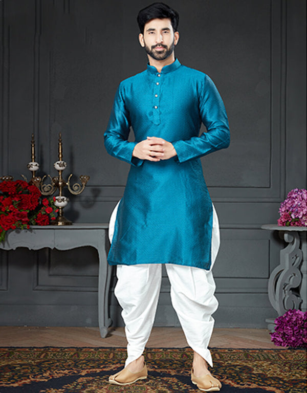 Rama Blue Kurta Silk With Woven Dhoti