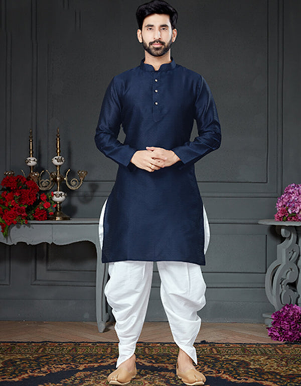 Navy Blue Kurta Silk With Woven Dhoti