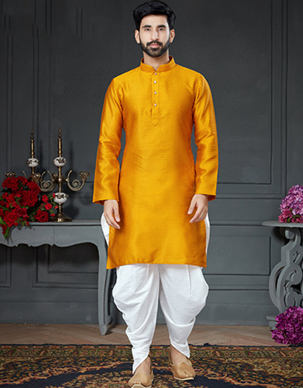 Dark Yellow Kurta Silk With Woven Dhoti