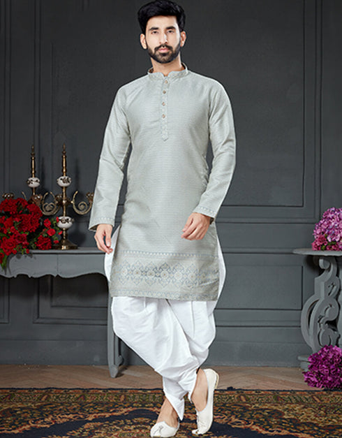 Gray Kurta Silk With Jacquard Dhoti
