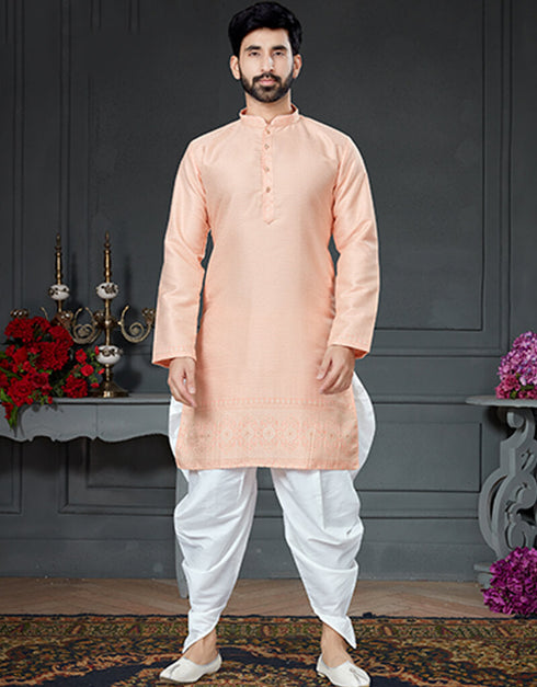Peach Kurta Silk With Jacquard Dhoti