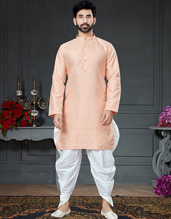 Peach Kurta Silk With Jacquard Dhoti