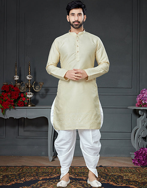 Cream Kurta Silk With Jacquard Dhoti