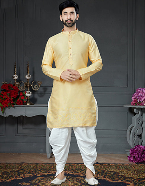 Yellow Kurta Silk With Jacquard Dhoti