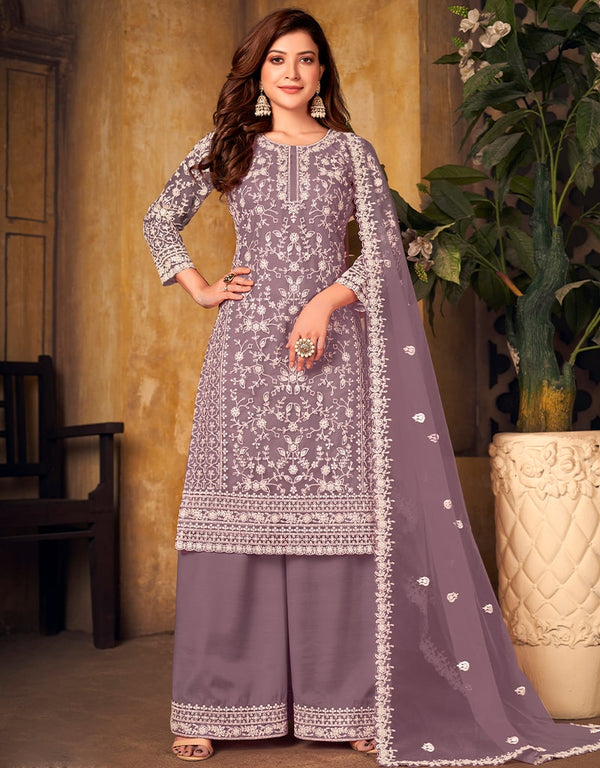 Light Purple Heavy Net Palazzo Suit