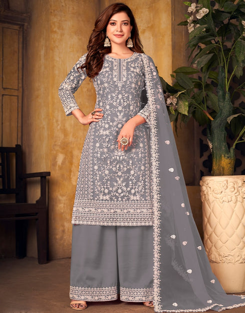 Grey Heavy Net Palazzo Suit